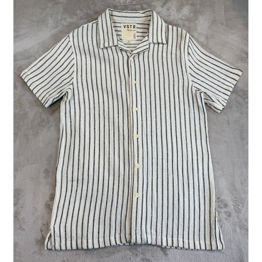 VSTR Mens Button Down Shirt Striped Knit Short Sleeve Cotton White Black S